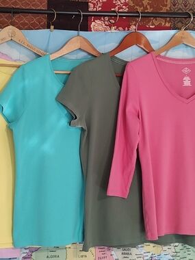 St. John's Bay Pink, Teal, Olive & Yellow Women Tops. (Lot Of 5)